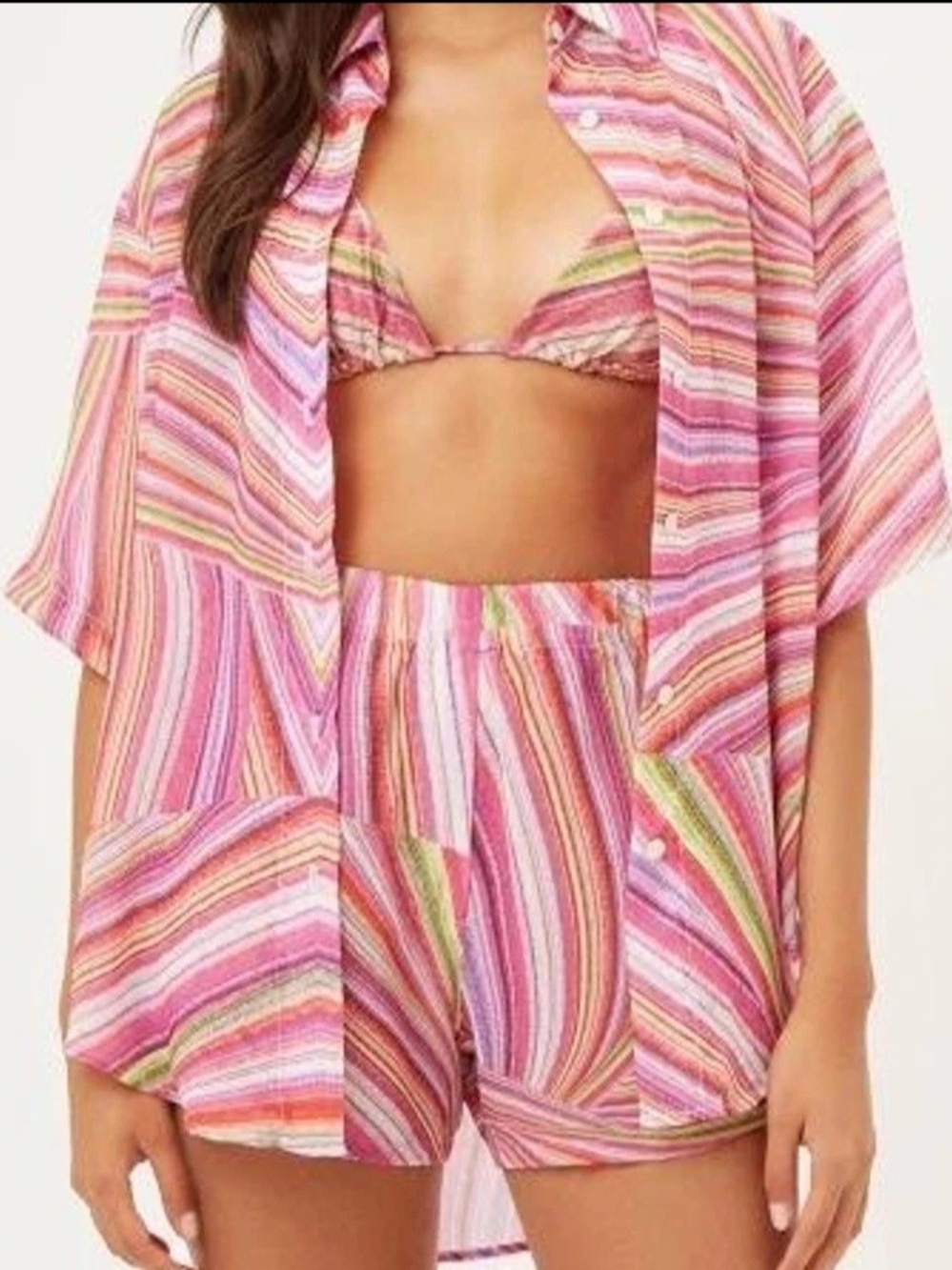 NWOT Frankie's Bikinis Button Top Pink Multi-Stripe